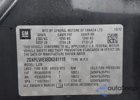 2013 GMC Terrain Slt-2 z USA, uszkodzony, nr VIN 2GKFLWE38D6241118